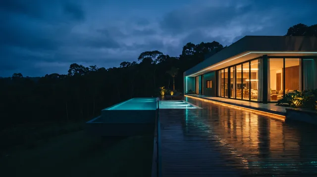 Piscina de borda infinita e deck ao anoitecer