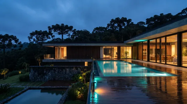 Casa com piscina iluminada e deck molhado ao anoitecer, com araucárias ao fundo