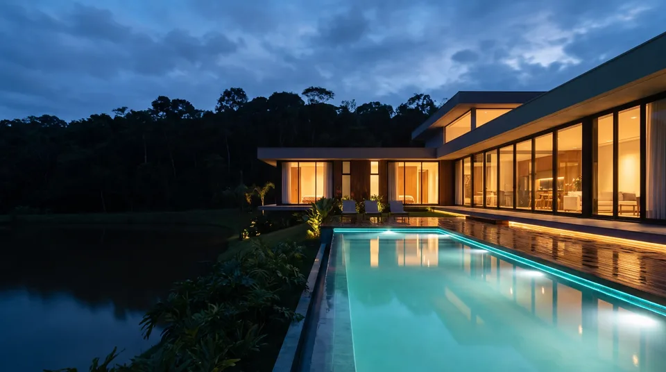 Piscina iluminada ao lado de um lago, com a casa de fachada envidraçada