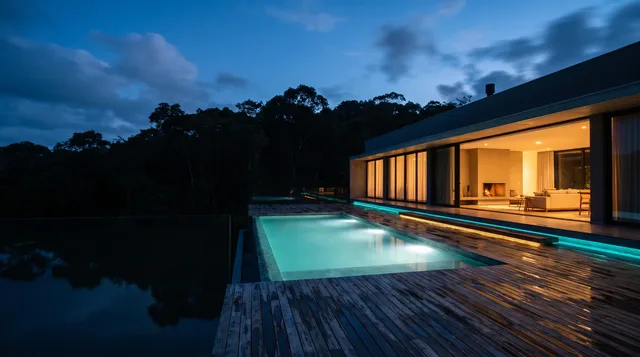 Piscina e sala com lareira acesa, vistas do deck