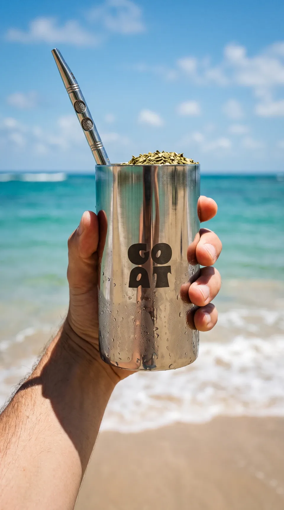 Mão segurando o copo metálico da Goat com erva e bomba, numa praia