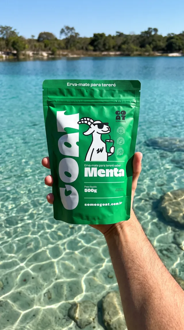 Mão segurando a embalagem Menta da Goat diante de uma lagoa de água transparente