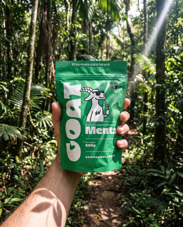 Mão erguendo a embalagem Menta da Goat numa trilha de mata, com um facho de luz entre as árvores