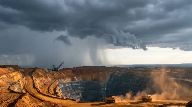 Cava de mineração vista de cima, com caminhões e tempestade ao fundo