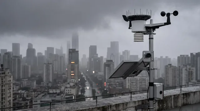 Estação meteorológica num telhado, com a cidade sob chuva ao fundo