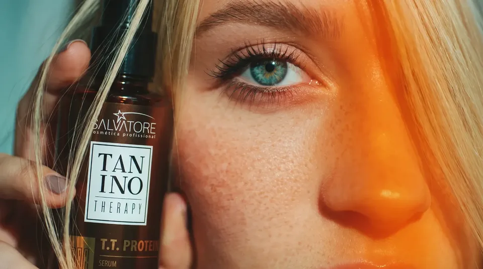 Mulher loira segurando o produto Tanino Therapy da HD Cosméticos junto ao rosto, em close