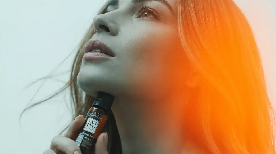 Mulher olhando para cima, segurando o óleo Tanino Therapy da HD Cosméticos junto ao queixo