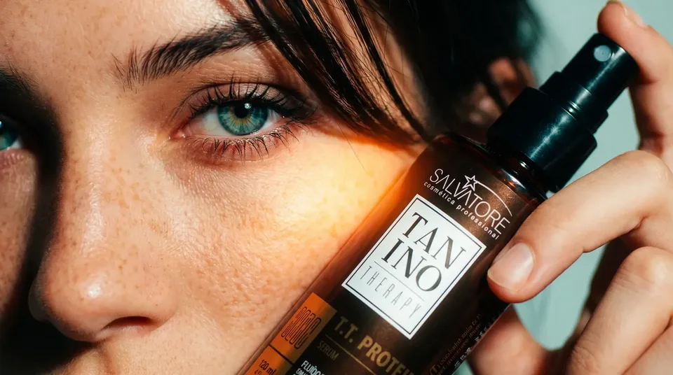 Close no rosto de uma mulher segurando o produto Tanino Therapy da HD Cosméticos junto ao olho