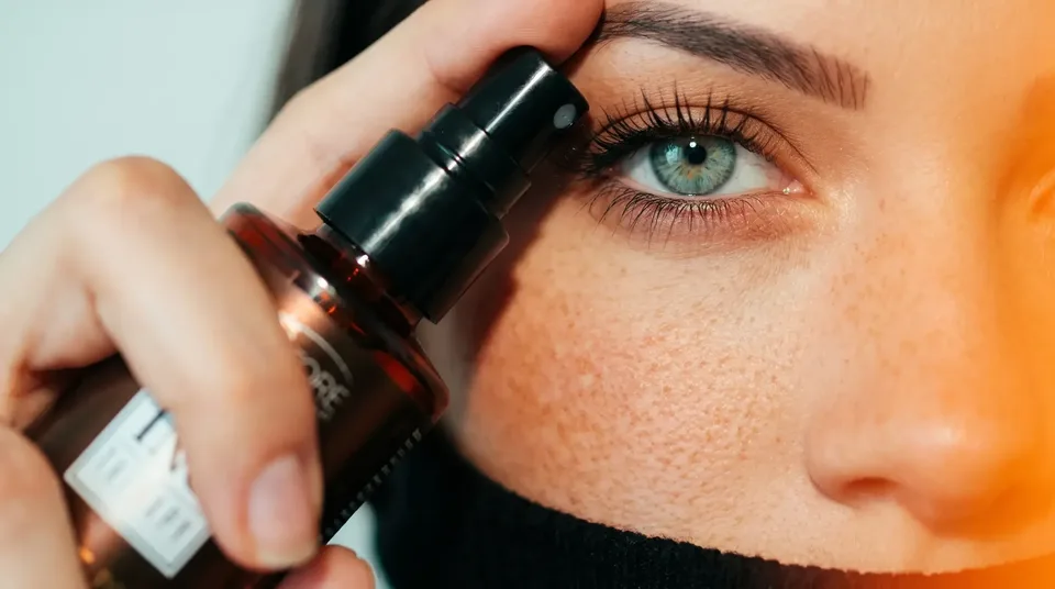 Mulher aplicando o spray Tanino Therapy da HD Cosméticos perto do olho